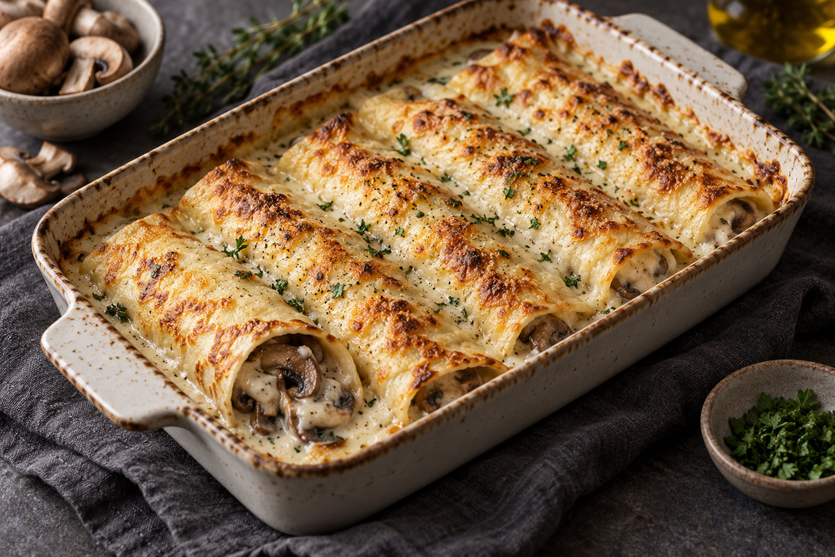 Crespelle ripiene di funghi e besciamella disposte in una pirofila gratinata