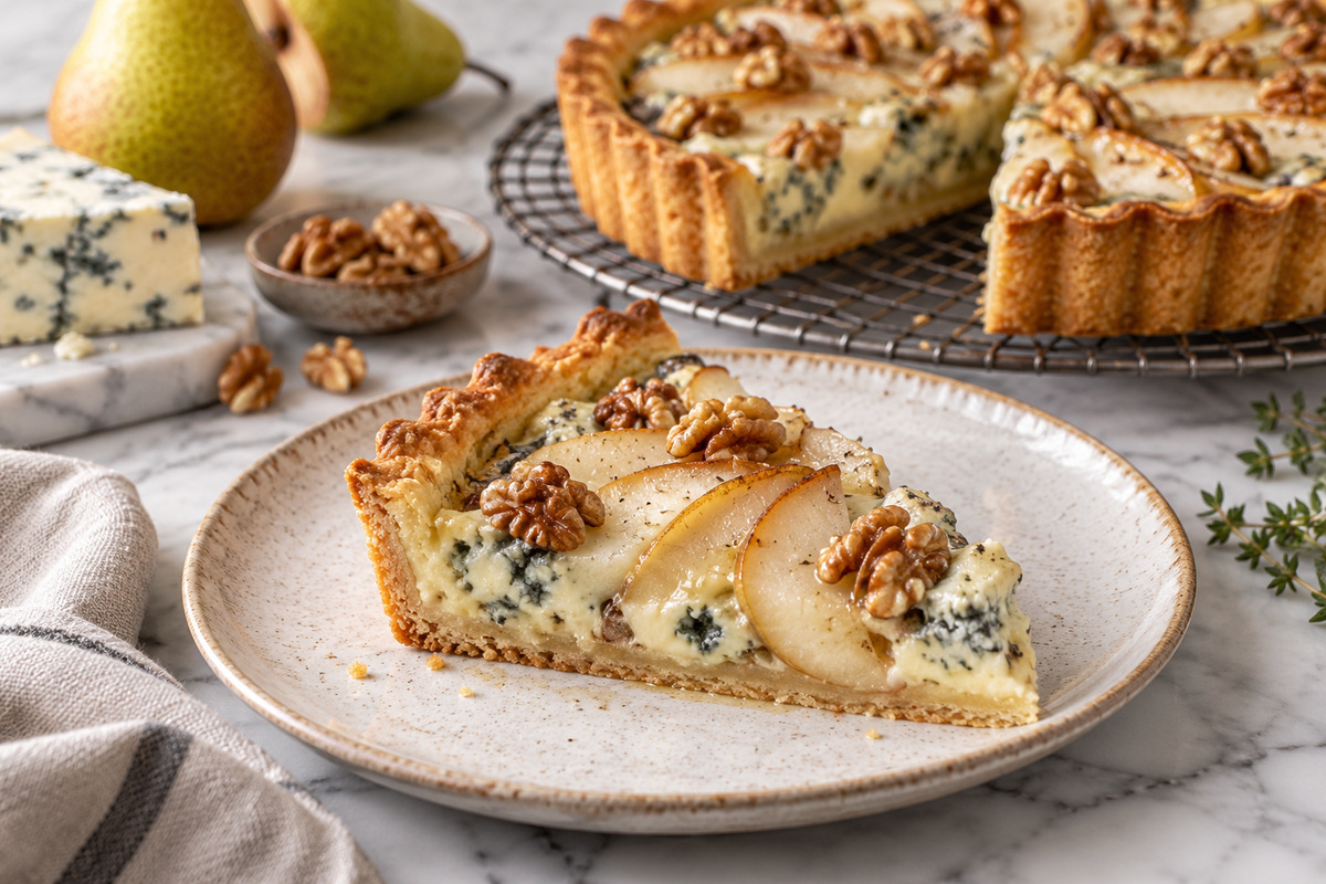 Fetta di crostata salata con pere, gorgonzola e noci sulla superficie