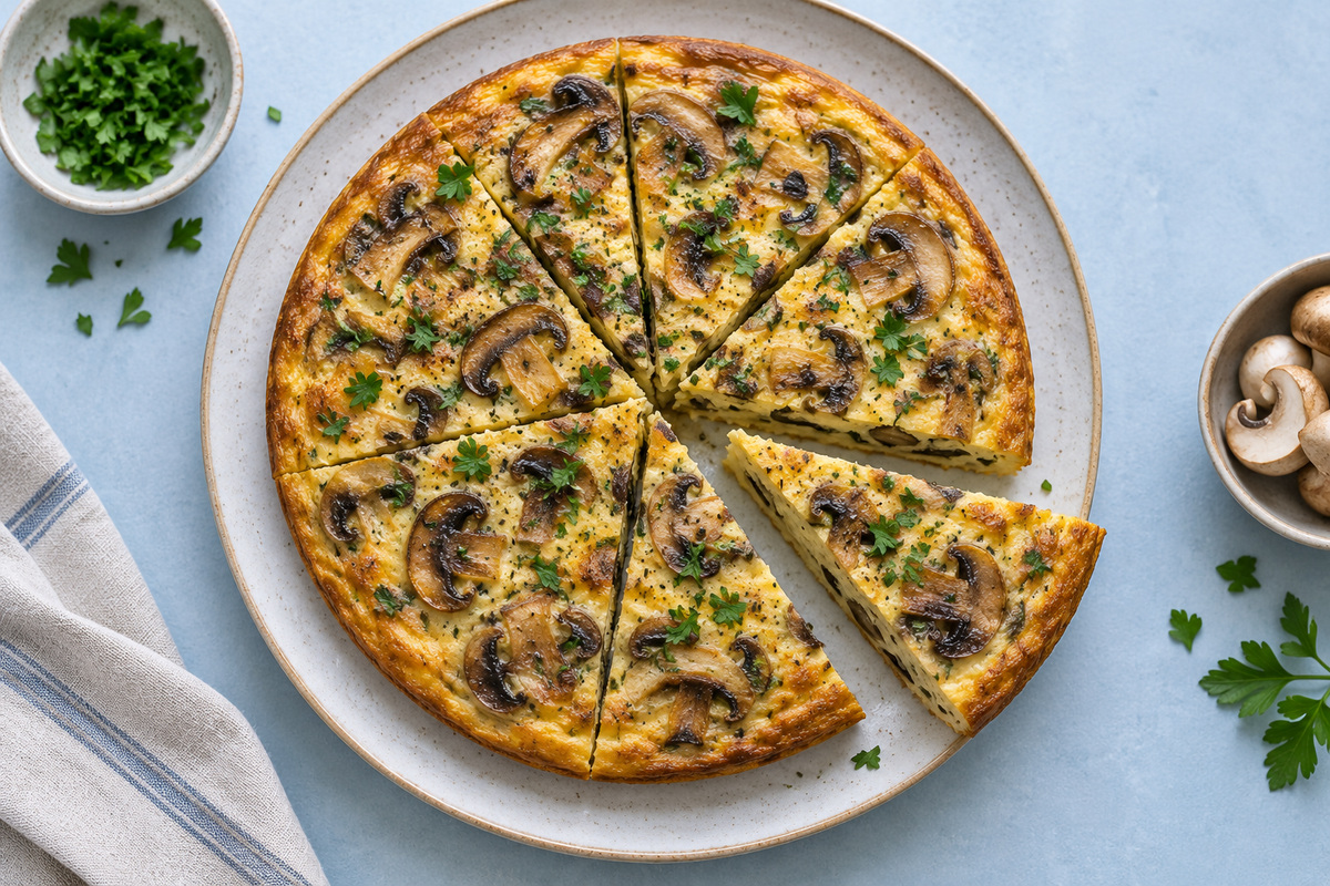 Frittata dorata ai funghi tagliata a spicchi con prezzemolo