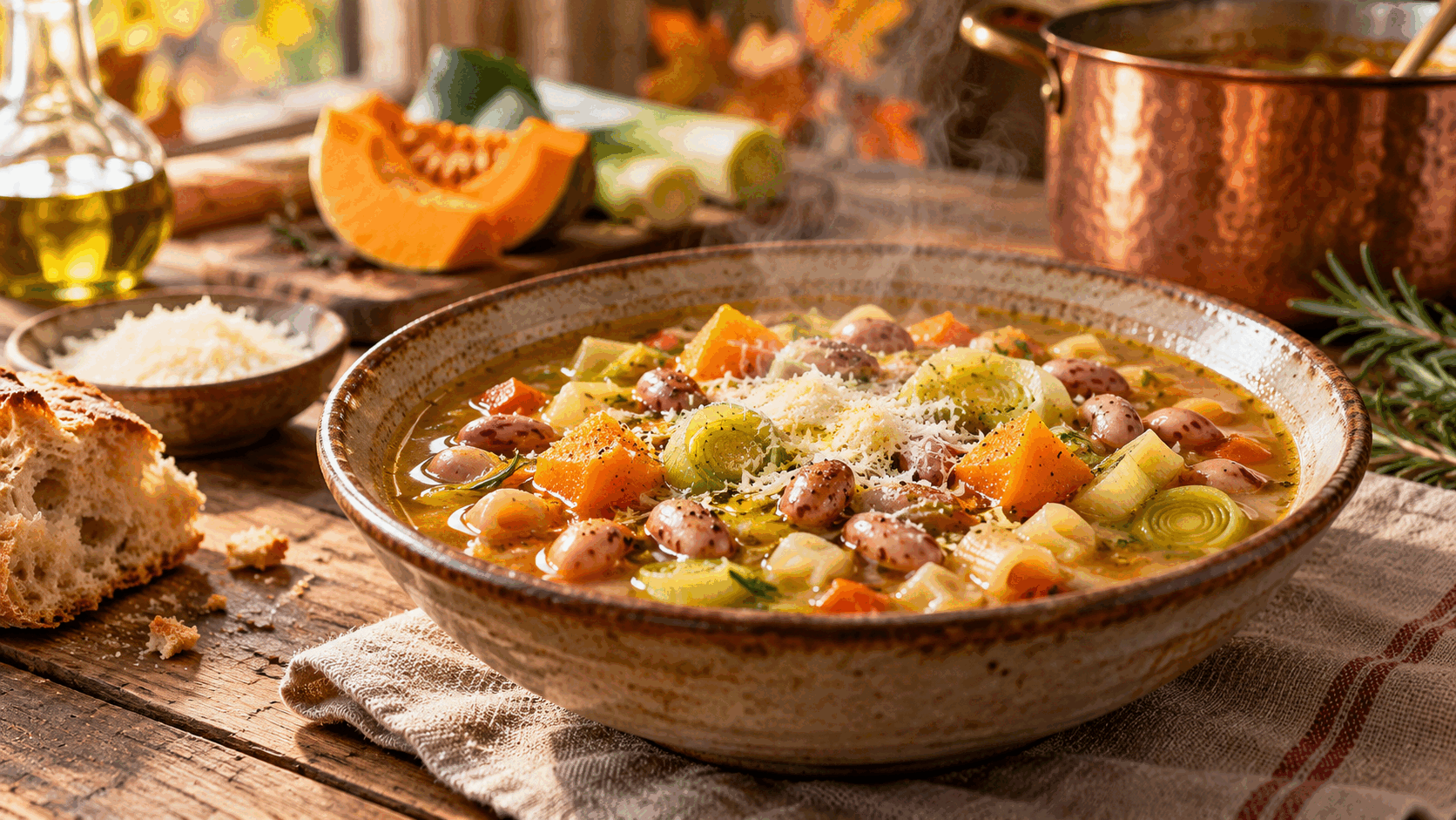 Il mio minestrone d'autunno, con zucca e porri, è un abbraccio in una scodella fumante