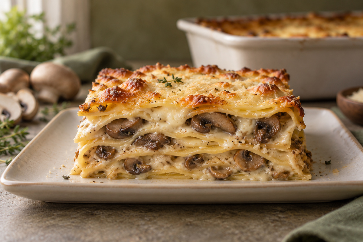 Porzione di lasagne ai funghi con strati di besciamella e pasta dorata