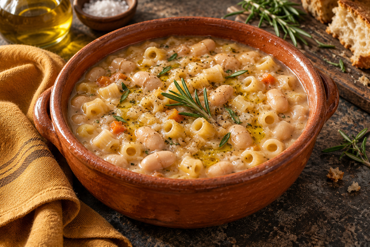Pasta corta e fagioli in una ciotola con rosmarino e olio