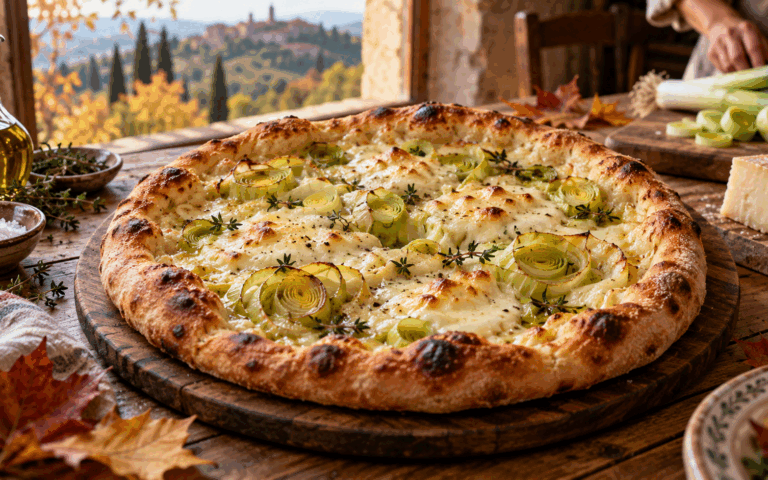 Soffice, filante e dorata: la pizza ai porri porta in tavola tutto il gusto dell’autunno