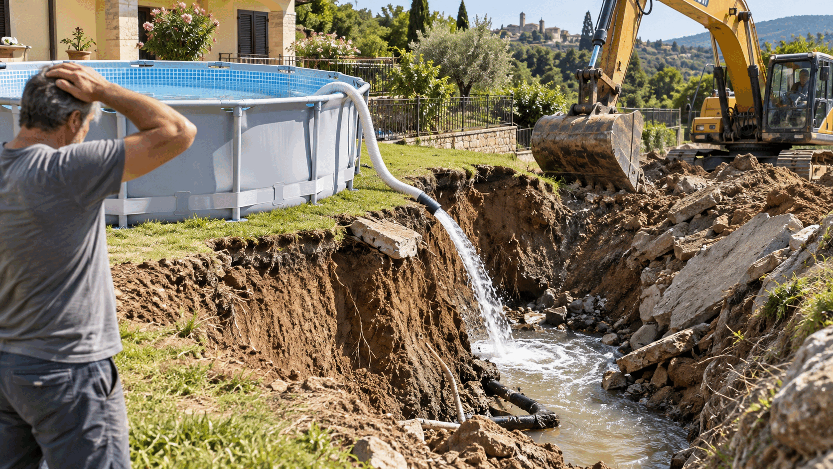 Svuota la piscina nel fosso senza pensarci: tre settimane dopo il terreno cede e serve un escavatore