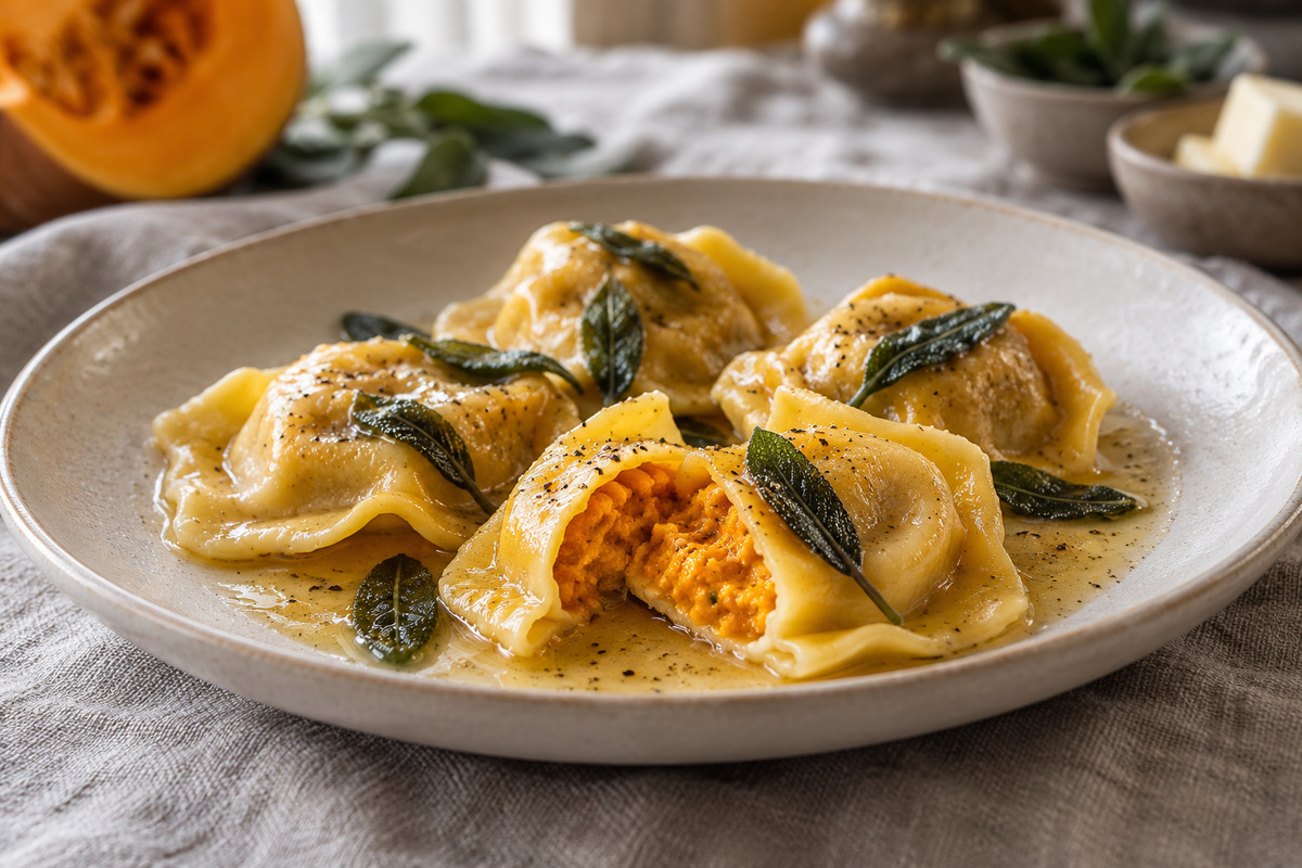 Tortelli di zucca conditi con burro fuso e foglie di salvia