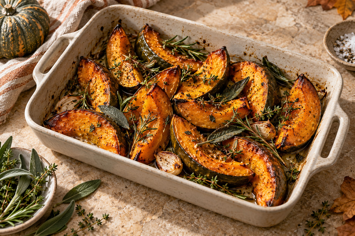 Fette di zucca arrosto con rosmarino e salvia in una teglia chiara