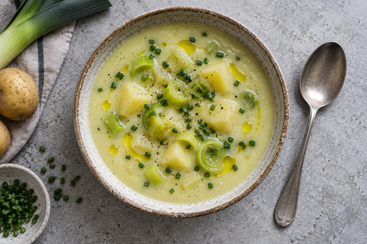 Zuppa cremosa di porri e patate in una ciotola con erba cipollina